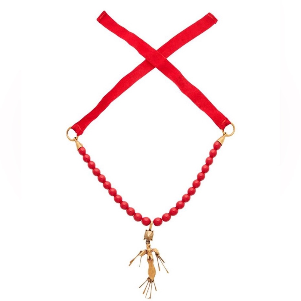 Valentino Garavani Red Beaded Ribbon Necklace with Gold Pendant